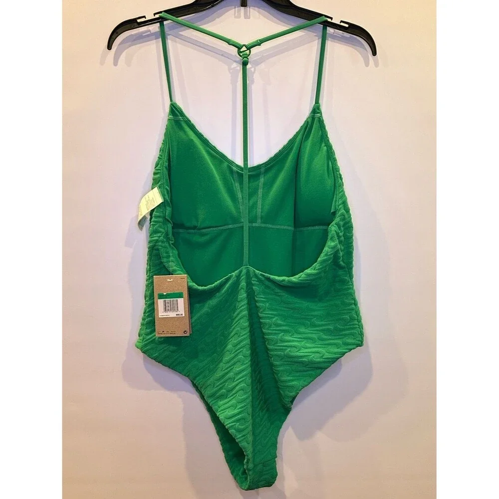 NIKE Swoosh Textured One Piece Swimsuit V Neck Y Back NEW Green Terry XL